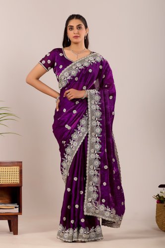 Dark Color Party wear Satin Embroidery Saree