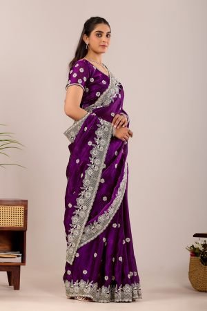 Dark Color Party wear Satin Embroidery Saree