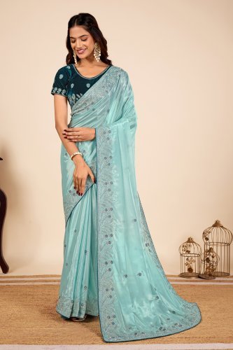 Designer Embroiderd Ice Blue Jarkan Work Saree for ladies