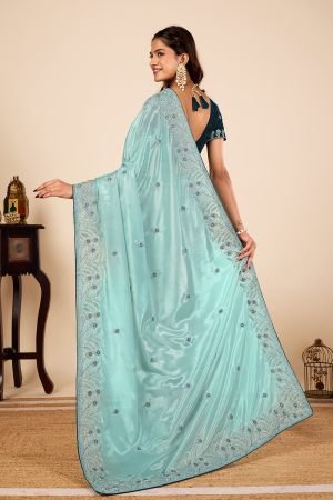 Designer Embroiderd Ice Blue Jarkan Work Saree for ladies