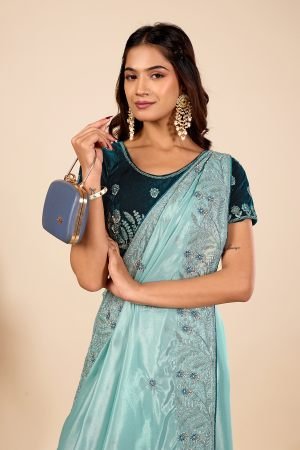 Designer Embroiderd Ice Blue Jarkan Work Saree for ladies