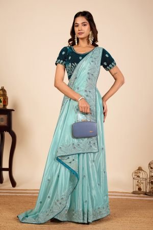 Designer Embroiderd Ice Blue Jarkan Work Saree for ladies