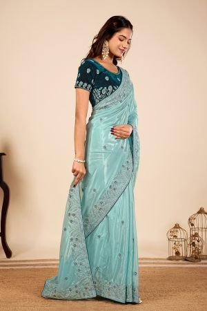 Designer Embroiderd Ice Blue Jarkan Work Saree for ladies