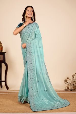Designer Embroiderd Ice Blue Jarkan Work Saree for ladies