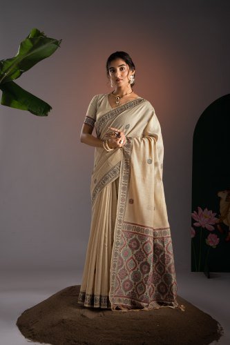 Elegant Off White Ajrakh Pure Cotton Saree