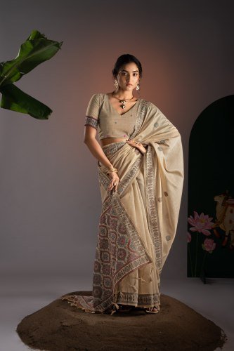 Elegant Off White Ajrakh Pure Cotton Saree