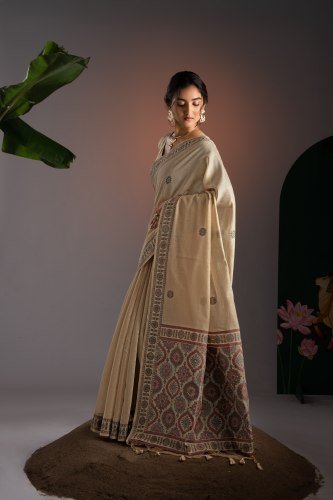 Elegant Off White Ajrakh Pure Cotton Saree
