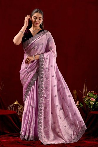 Exclusive Baby Pink Embroidered Frestive Saree with Velvet Blouse