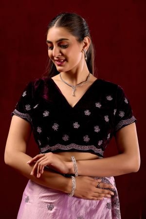 Exclusive Baby Pink Embroidered Frestive Saree with Velvet Blouse