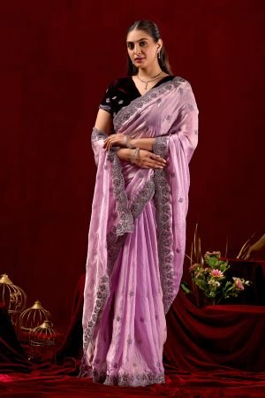 Exclusive Baby Pink Embroidered Frestive Saree with Velvet Blouse