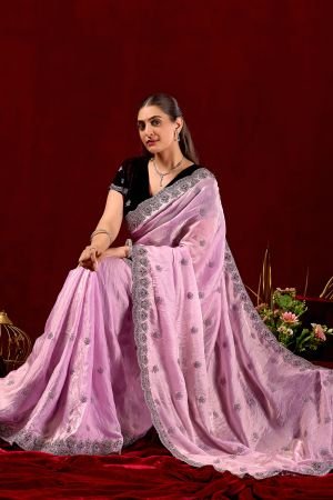 Exclusive Baby Pink Embroidered Frestive Saree with Velvet Blouse