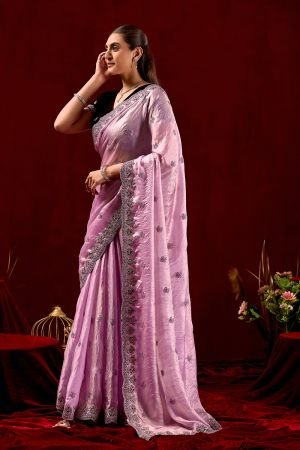 Exclusive Baby Pink Embroidered Frestive Saree with Velvet Blouse