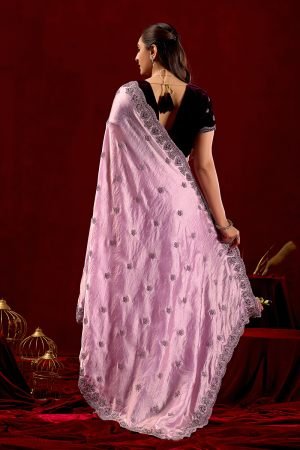 Exclusive Baby Pink Embroidered Frestive Saree with Velvet Blouse