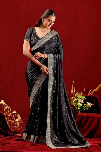 Exclusive Black Embroidered Party Wear Saree with Jarkan Work