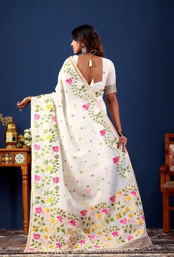 Floral Printed Pure Cotton Saree with Contrast Border & Designer Blouse
