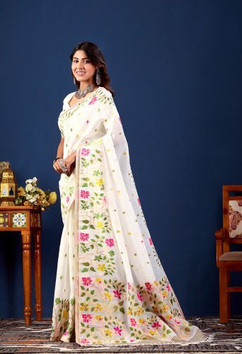 Floral Printed Pure Cotton Saree with Contrast Border & Designer Blouse