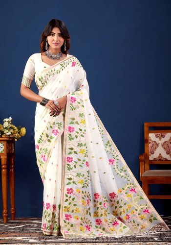 Floral Printed Pure Cotton Saree with Contrast Border & Designer Blouse