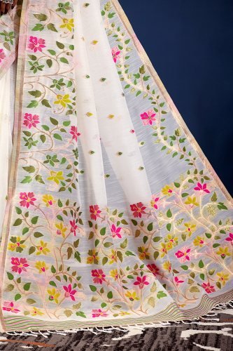 Floral Printed Pure Cotton Saree with Contrast Border & Designer Blouse