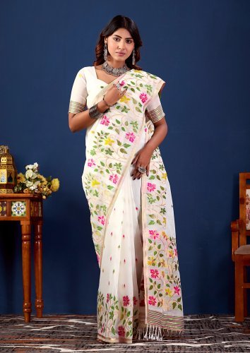 Floral Printed Pure Cotton Saree with Contrast Border & Designer Blouse