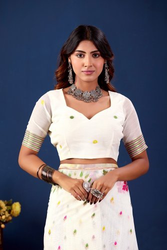 Floral Printed Pure Cotton Saree with Contrast Border & Designer Blouse