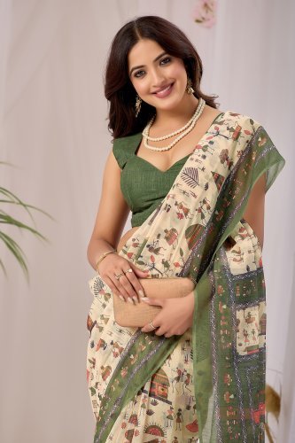 Green Tribal Print Cotton Saree