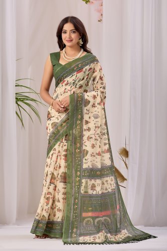 Green Tribal Print Cotton Saree