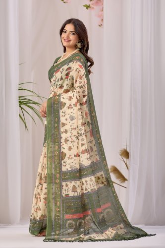 Green Tribal Print Cotton Saree