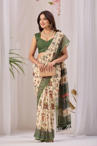 Green Tribal Print Cotton Saree