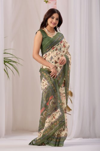 Green Tribal Print Cotton Saree