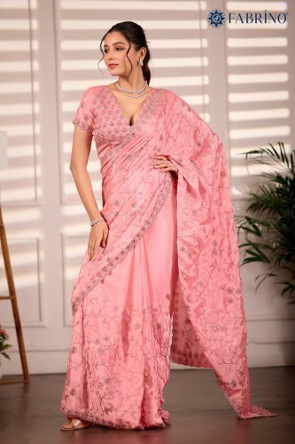 Light pink colour Jaal work saree with Mirror