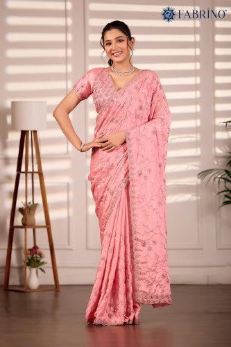 Light pink colour Jaal work saree with Mirror