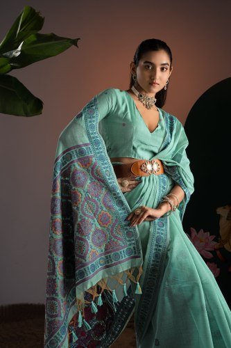 Mint Green Pure Cotton Ajrakh Saree with Printed Pallu
