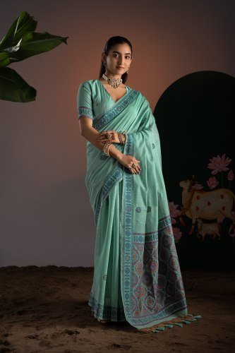 Mint Green Pure Cotton Ajrakh Saree with Printed Pallu