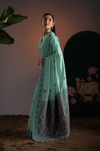 Mint Green Pure Cotton Ajrakh Saree with Printed Pallu