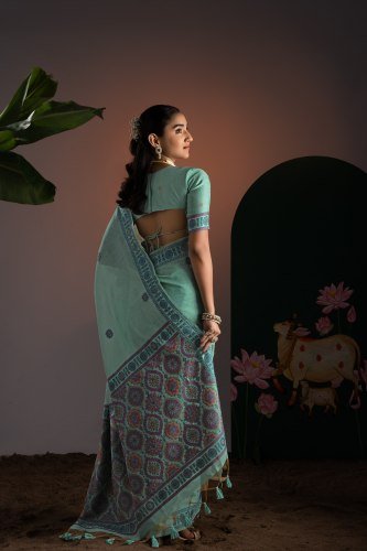 Mint Green Pure Cotton Ajrakh Saree with Printed Pallu