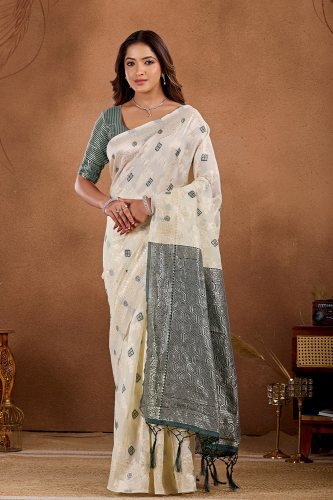 Off-white Banarasi saree with Green zari border and woven motifs