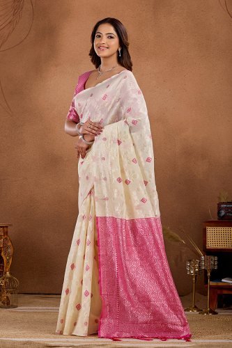 Off-white Banarasi saree with pink zari border and woven motifs
