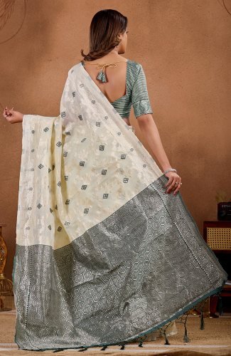 Off-white Banarasi saree with Green zari border and woven motifs