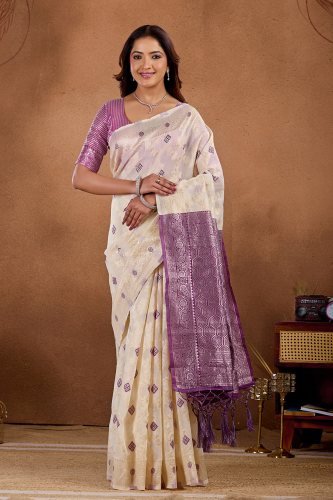 Off-white Banarasi saree with Purple zari border and woven motifs