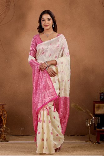 Off-white Banarasi saree with pink zari border and woven motifs