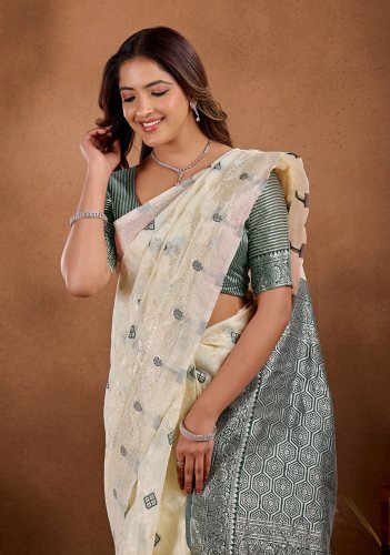 Off-white Banarasi saree with Green zari border and woven motifs