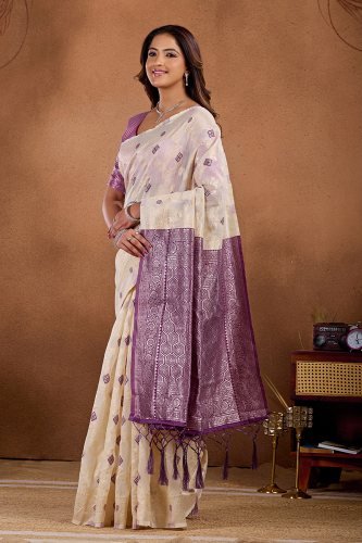 Off-white Banarasi saree with Purple zari border and woven motifs