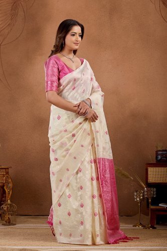 Off-white Banarasi saree with pink zari border and woven motifs