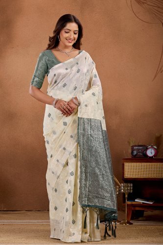 Off-white Banarasi saree with Green zari border and woven motifs