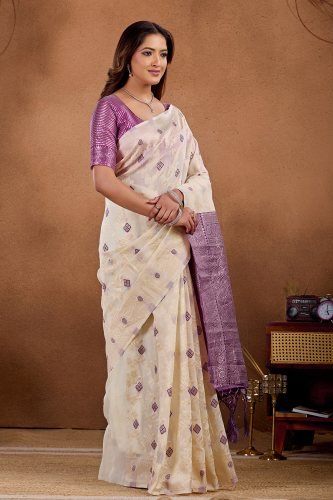 Off-white Banarasi saree with Purple zari border and woven motifs