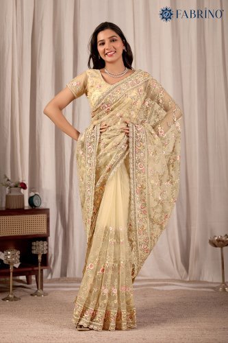 Off white Colour Silk Embroiderd Jaal Work saree For Ladies