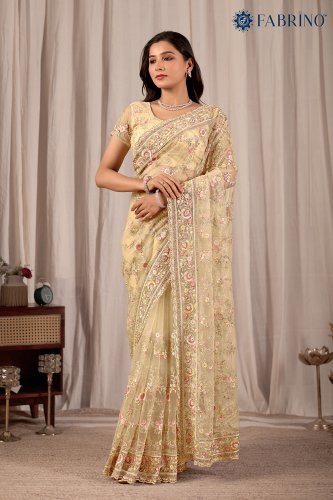 Off white Colour Silk Embroiderd Jaal Work saree For Ladies