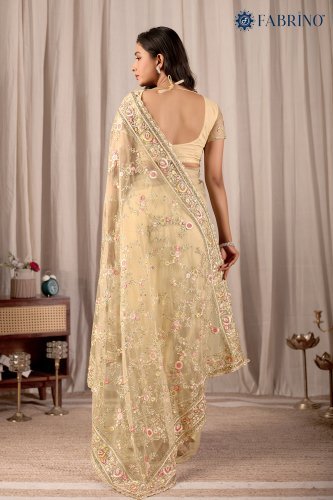 Off white Colour Silk Embroiderd Jaal Work saree For Ladies