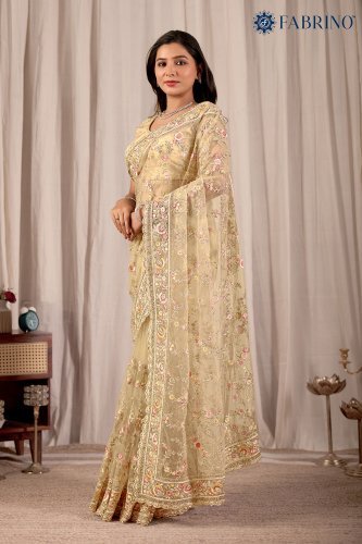 Off white Colour Silk Embroiderd Jaal Work saree For Ladies