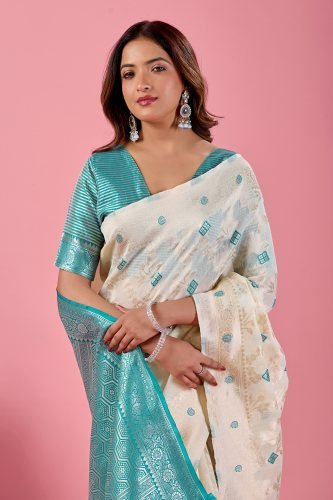 Off White Jamdani Cotton Saree with Aqua Blue Woven Pallu